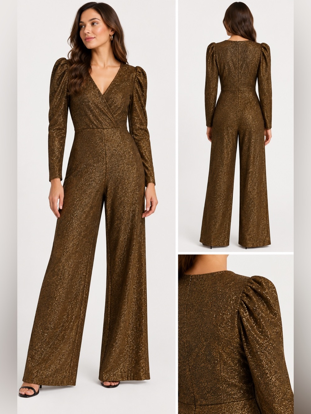 Gold Metallic Long Sleeve Wide Leg Jumpsuit Puff Sleeve Party Medium